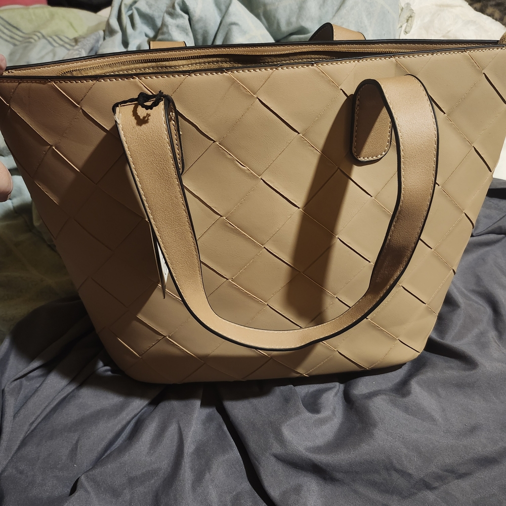 Tan Woven Tote Bag With Wallet